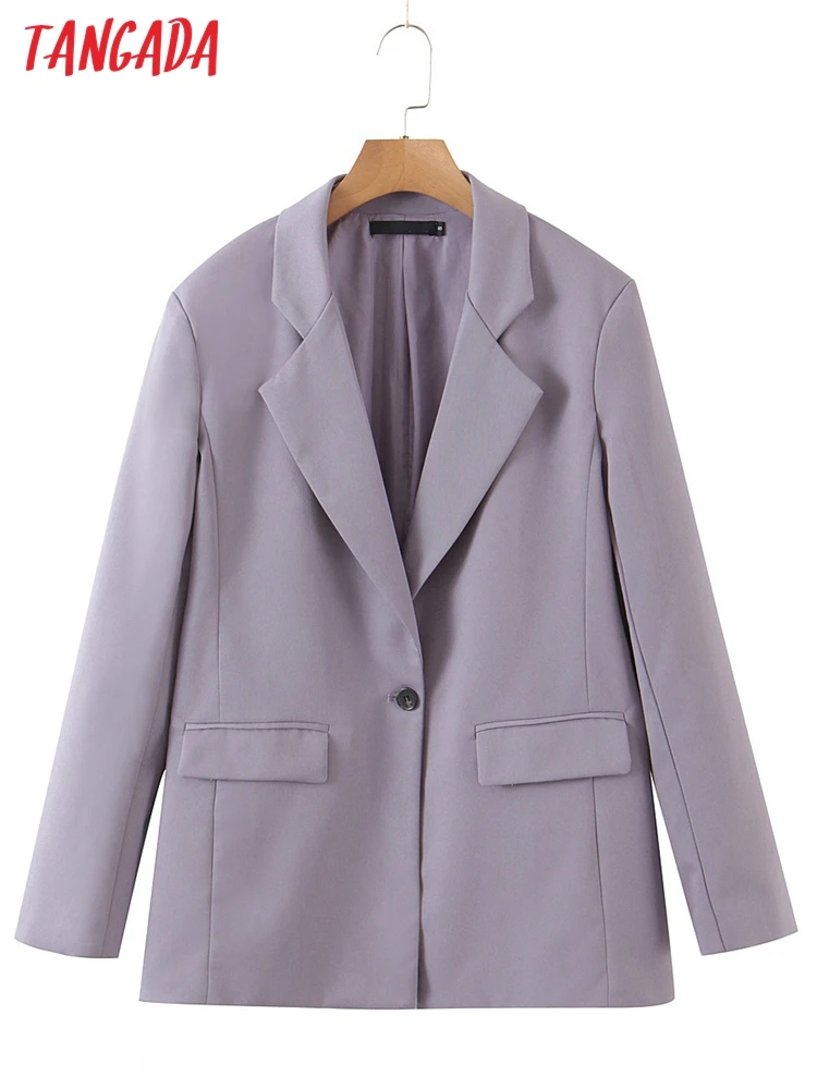 

Tangada Women Solid Purple Blazer Coat Vintage Notched Collar Pocket 2022 Fashion Female Casual Chic Tops 1J34