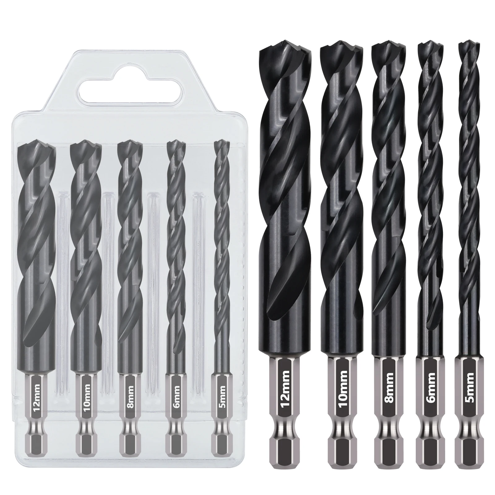 

5 шт. 5/6/8/10/12 мм, набор сверл HSS M2 Jobber с шестигранным хвостовиком, открывалкой для отверстий с покрытием AITiN для металлических труб, нержавеющая сталь