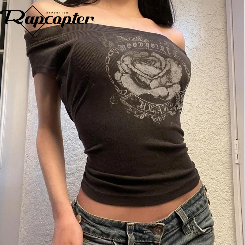 Rapcopter Y2k Винтажный Топ С Принтом Женская Футболка Короткими Рукавами И Вырезом