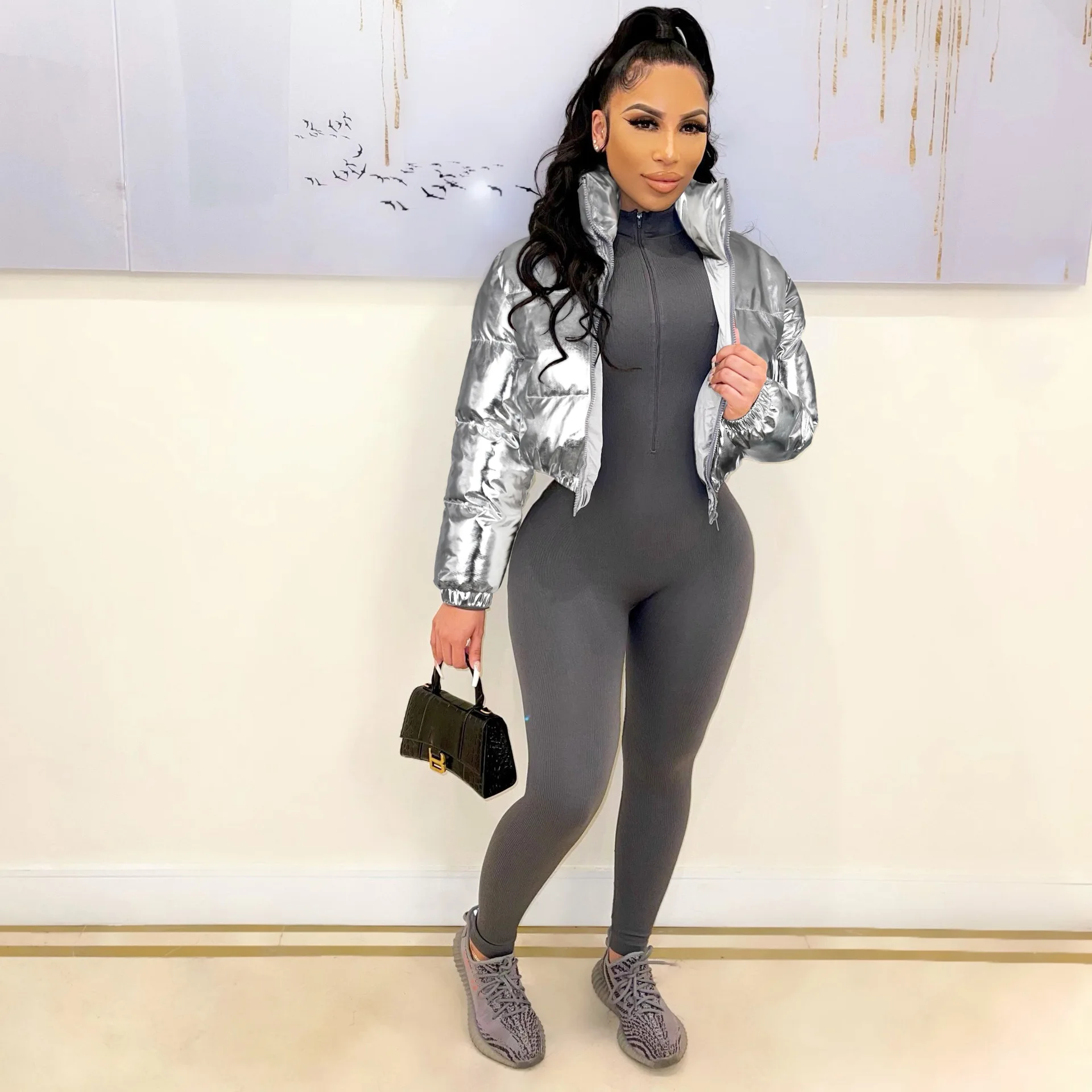 

Hirigin зимняя теплая куртка пальто из искусственной готической кожи Укороченный пуховик из лакированной кожи теплая верхняя одежда с длинным рукавом на молнии гранж парки