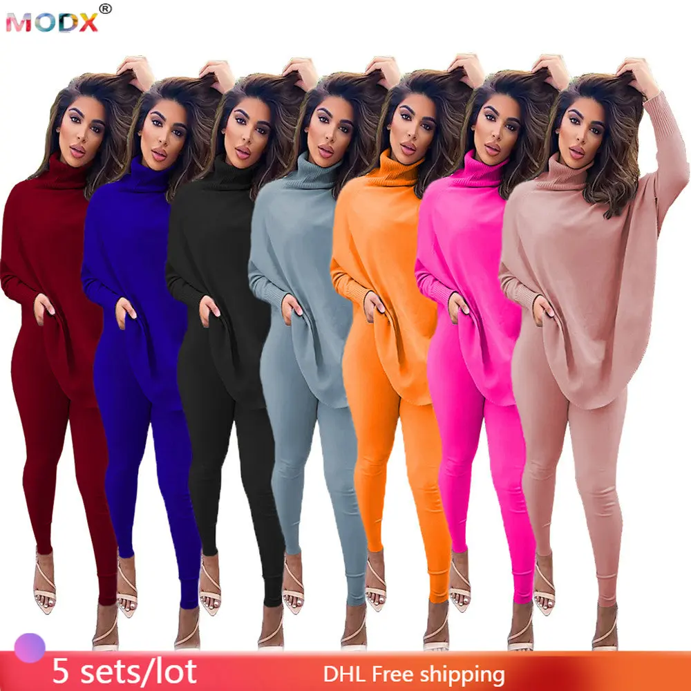 

5 Wholesale Women Tracksuits Casual Solid 2 Piece Sets Lady Outfit sport Suit Batwing Sleeve Turtleneck Pullover + Trousers 8762
