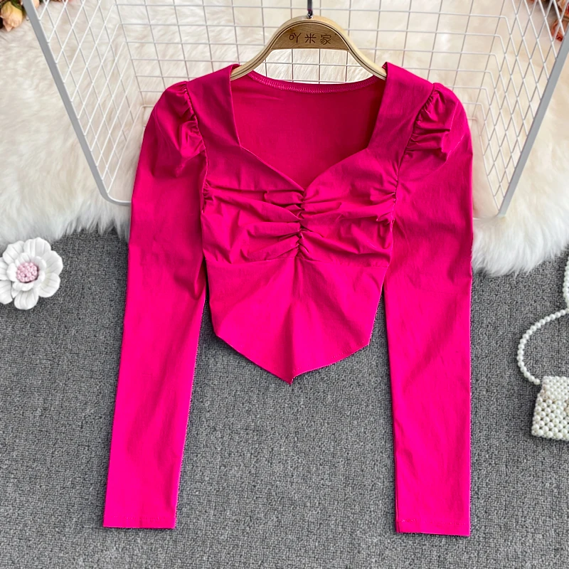 Блузка женская с длинным рукавом укороченный топ плиссированная рубашка