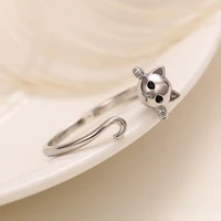 silver color cat opening ring metallic style simple stylish finger ring for women funny girl gift animal trendy jewelry
