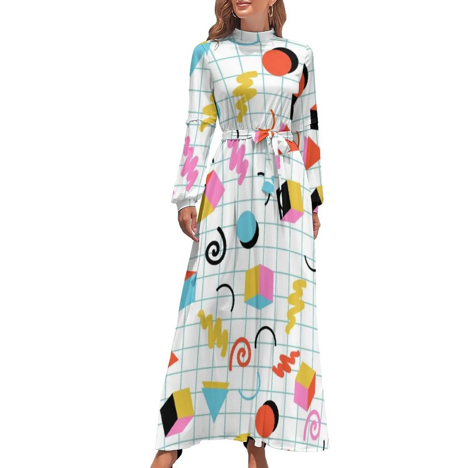 

Memphis Pattern 80s Dress Retro Minimal Geometric Aesthetic Bohemia Dresses Women Long Sleeve High Waist Cute Long Maxi Dress