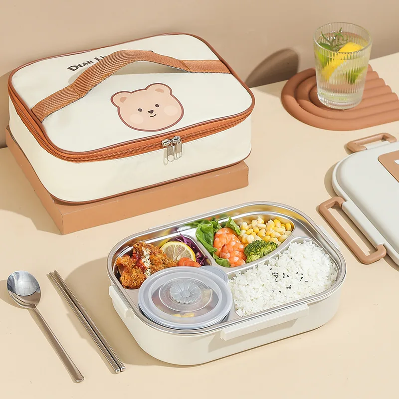 

304 Stainless Steel Lunch Box Cute Bear School Students Sealed Bento Box with Bag Microwavable Insulated Food Storage Containers