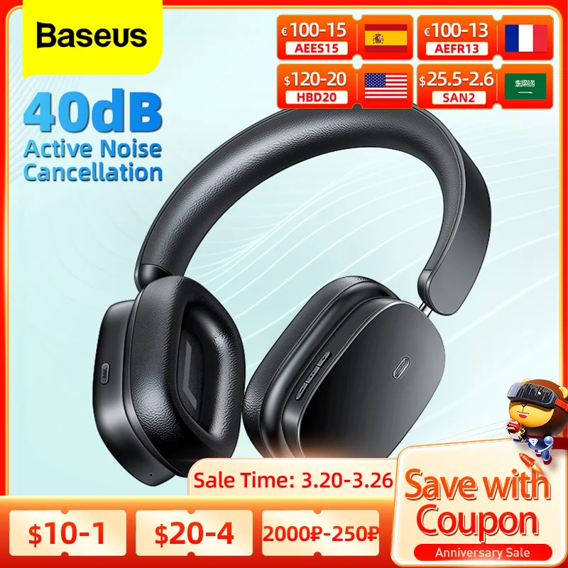 Baseus H1 Wireless Headphone 40dB ANC Active Noise Cancelling Bluetooth 5.2 Headset Earphone Head Set Earbuds For iPhone Xiaomi enlarge