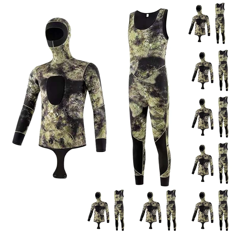 

Camouflage Diving Wetsuit Long Sleeve Hooded 2 Pieces Of Submersible Suit Warm Diving Suit For Men