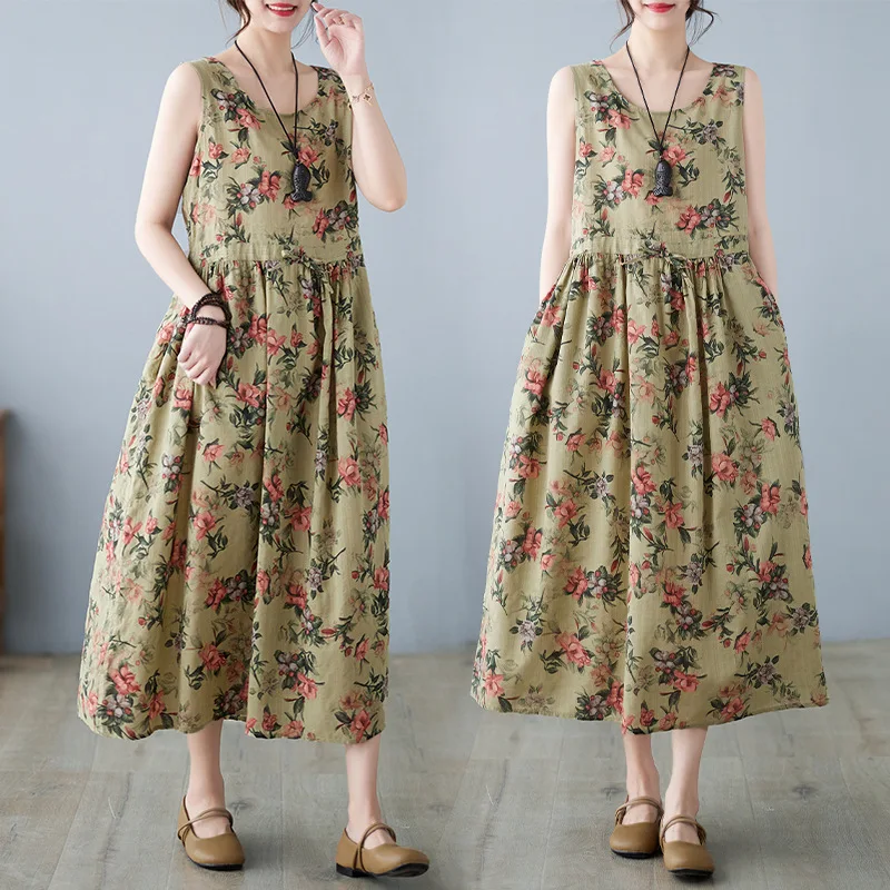 

Cotton Linen Dress Retro Ethnic Style Sleeveless Vest Printed Dress for Women