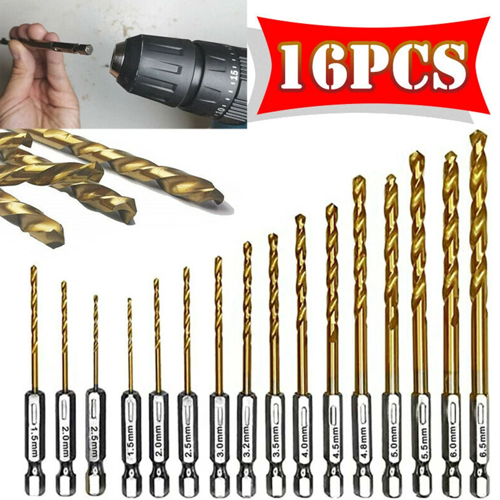 

16pcs HSS HSS Titanium Coated Drill Bit Set 1/4 Hex Shank 1.5-6.5mm Wood Plastic Drilling Cordless Screwdriver Twis Bit Tool