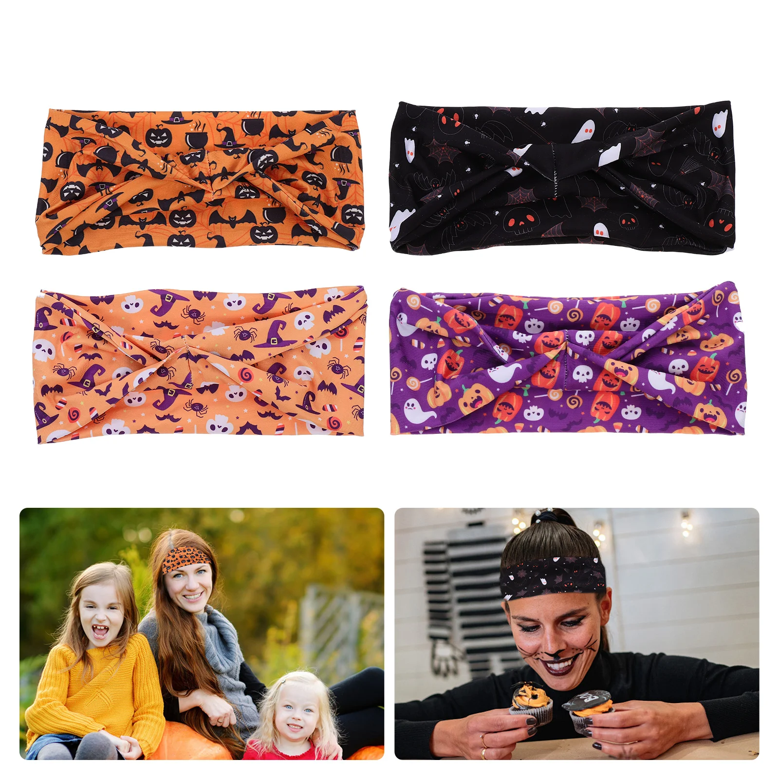 

4Pcs Headbands Pumpkin Bat Pattern Turban Stretch Hairbands Wraps Hair Accessories for Costume Sports ( Assorted Color 1 )