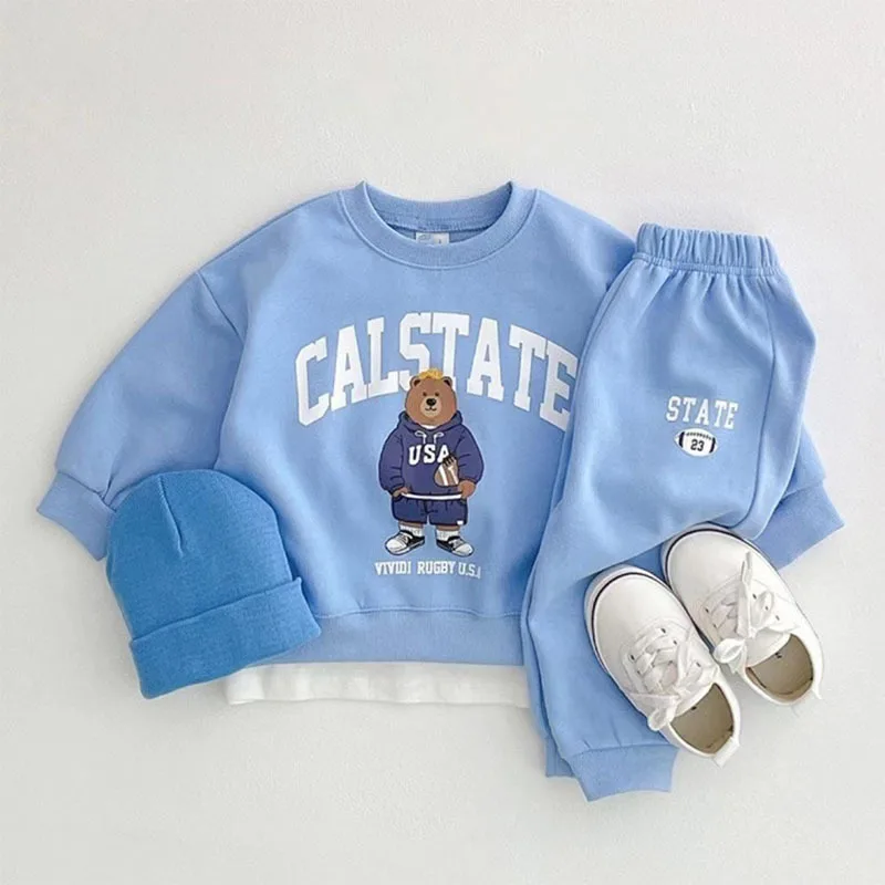 2022 Autumn New Baby Bear Print Clothes Set Kids Boys Long Sleeve Cartoon Sweatshirt + Solid Trousers Casual Children 2pcs Suit