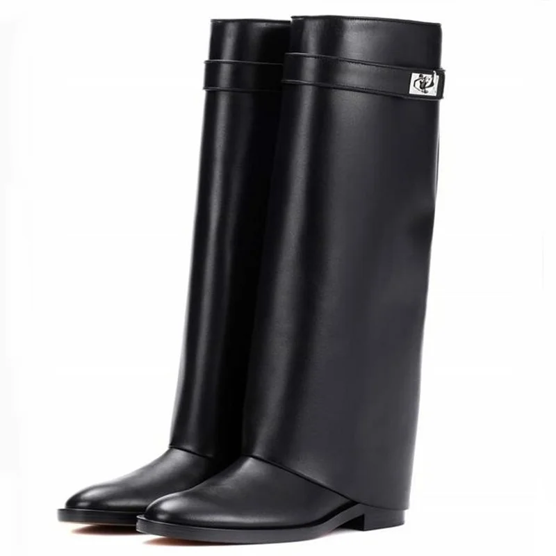 

Designer Black Leather Shark Lock Boot Silver Buckle Pointed Toe Flat Women Boots Knee High Ladies Winter Long Boot Ridding Boot