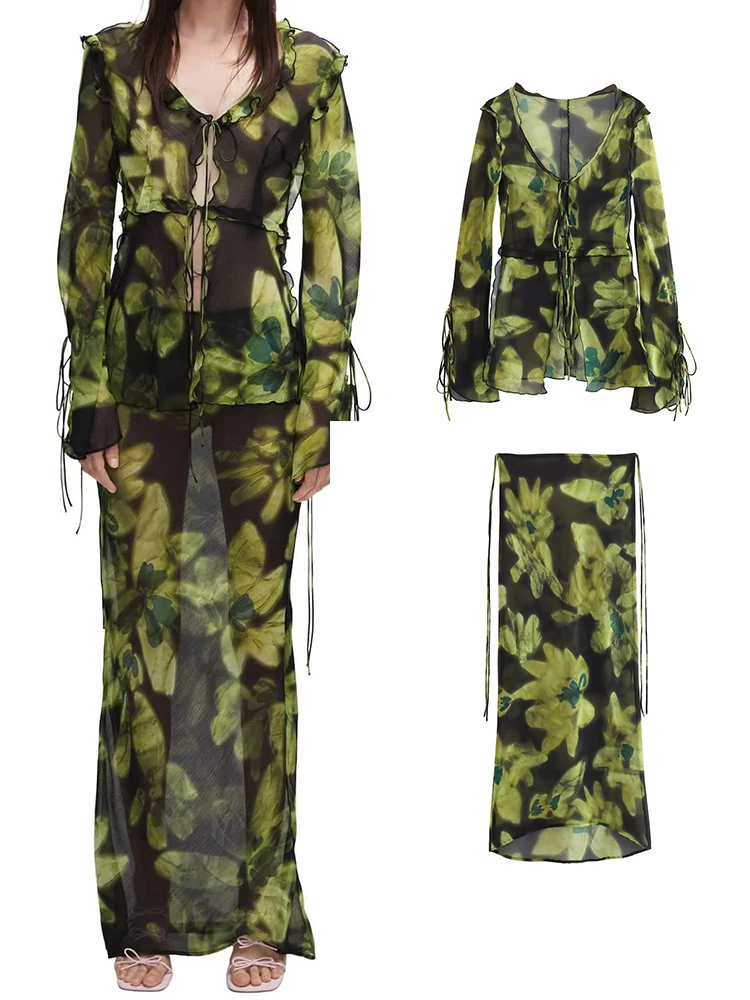 

TRAF Summer Women Perspective Blouse Skirt Suit New Beach Resort Style O-Neck Long Sleeve Lace Up Top+Straight Skirt 2 Colors