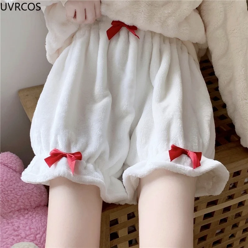 Autumn Sweet Coral Fleece Shorts Women Lolita Winter Warm Plush Pajamas Shorts Kawaii Bow Ruffles Girls Outer Wear JK Bloomers
