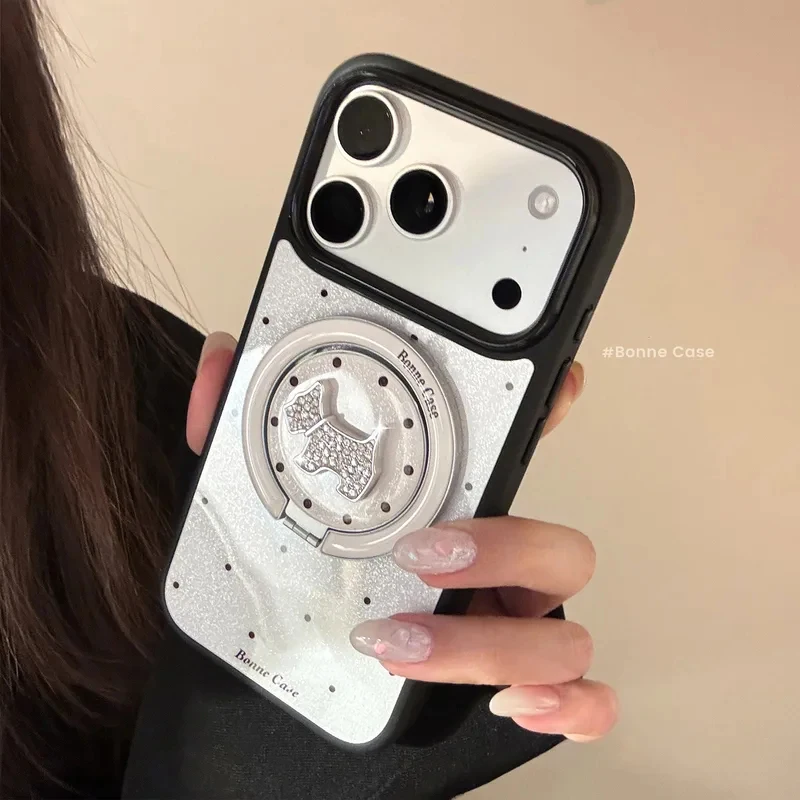 Фото Противоударный чехол для iPhone 17 16 15 14 13 12 Pro Max с блестками, в горошек, с мультяшным щенком и магнитным креплением-держателем №4