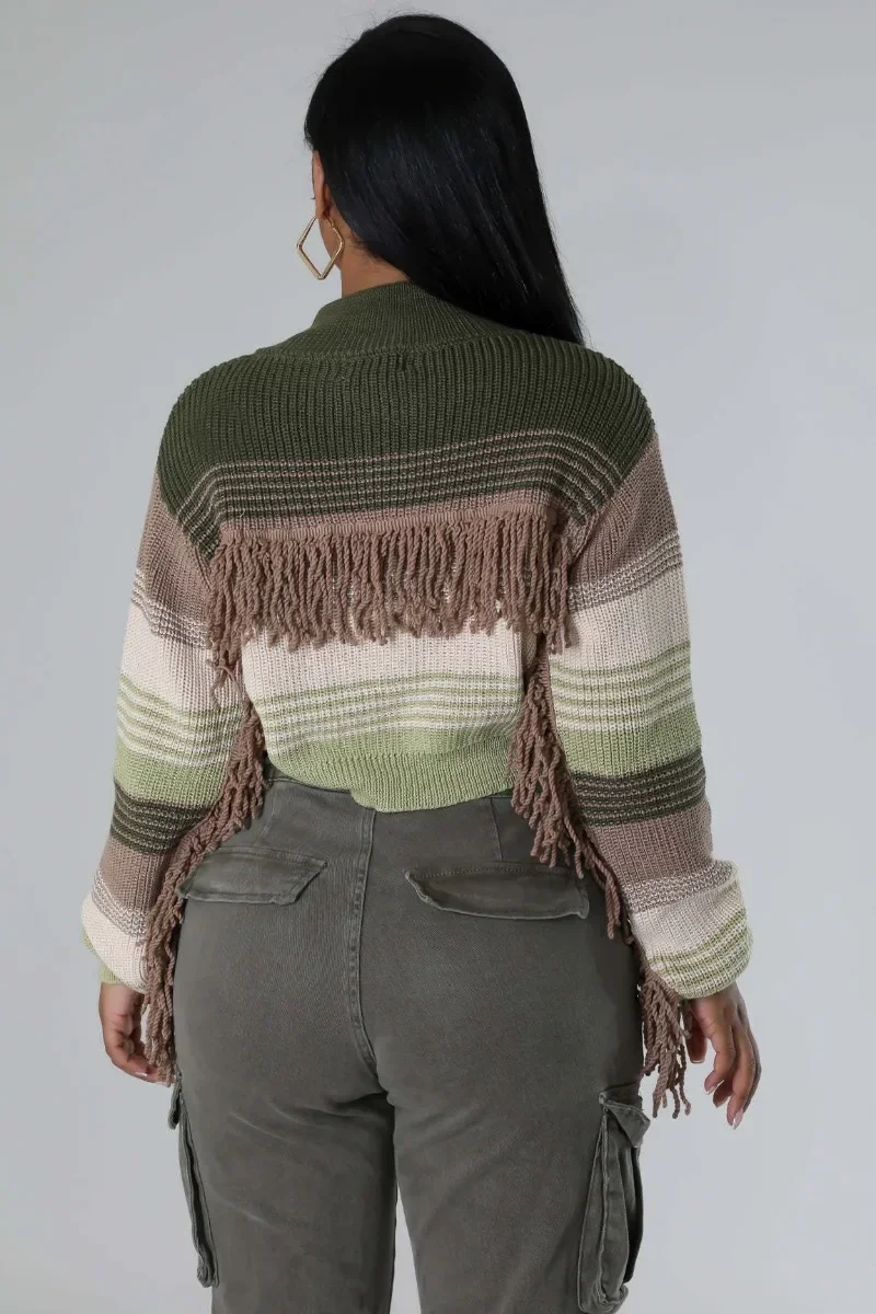 KEXU женские модные вязаные ребристые молнии с кисточками Cargidans 2024 уличная одежда