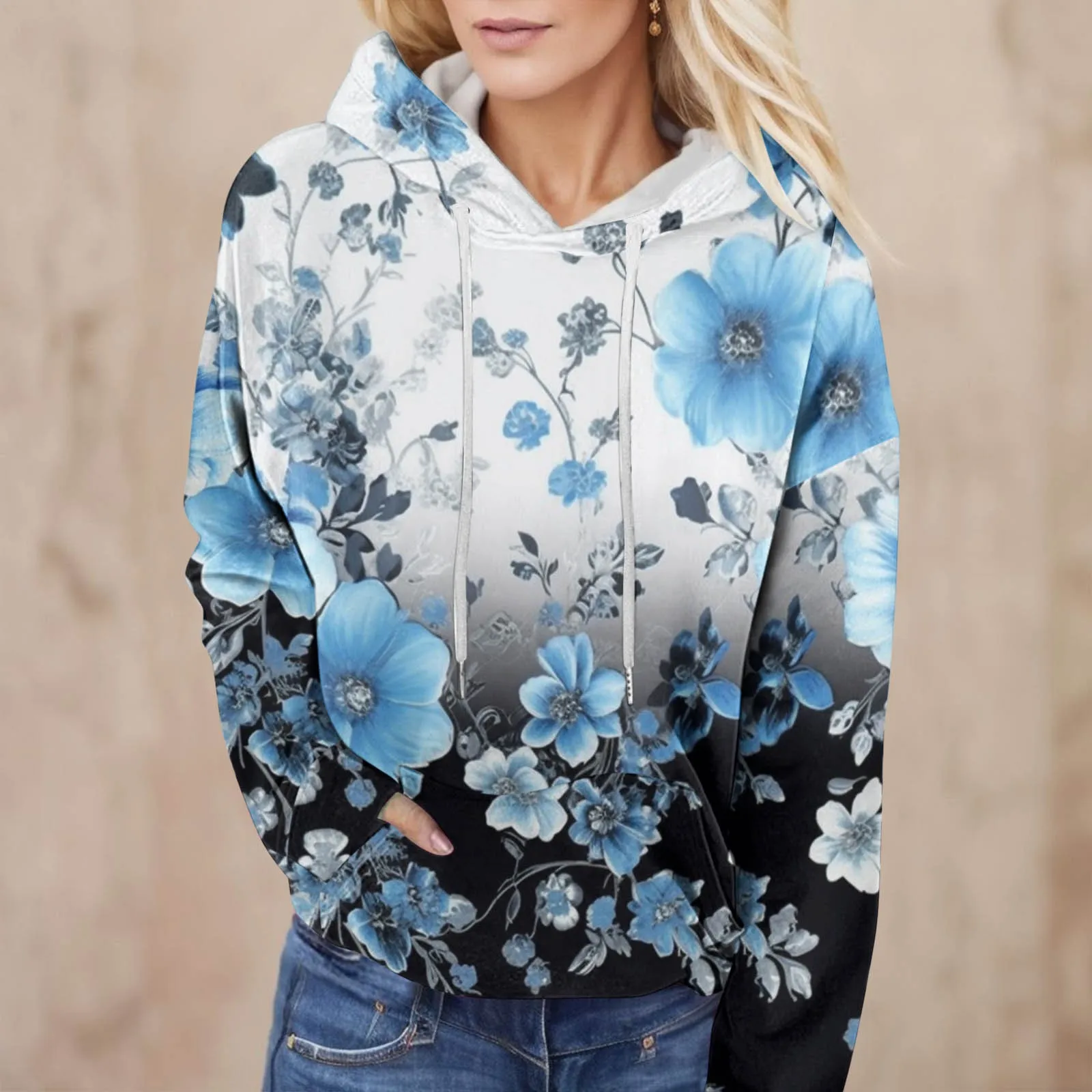 

Hooded For Women Floral Loose Sweatshirts Long Sleeve Gradient Landscape Printed Hooded Pullover Fall Retro Daily Shirt Moletom