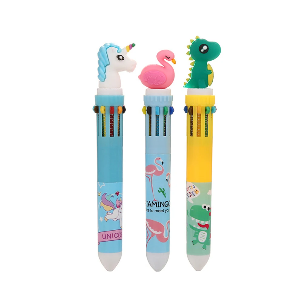 100 Pcs 10 in 1 Retractable Multicolor Ballpoint Pens Unicorn Dinosaur Flamingo Cartoon Animal Shaped For School Office Supplies