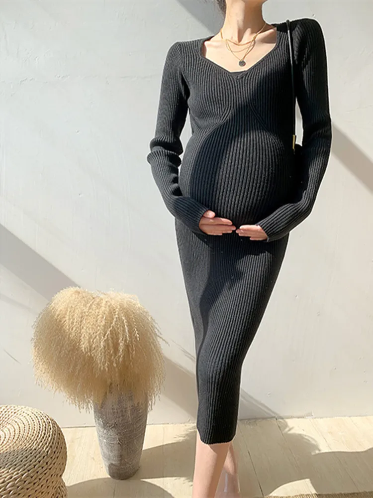 

Юбка для беременных зимняя модная Корейская версия однотонное длинное тонкое вязаное платье для беременных однотонное платье для фотосесс...