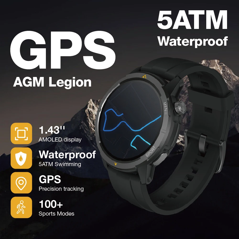 Фото Умные часы AGM Legion 1,43 дюйма AMOLED 5ATM, водонепроницаемые, 100 спортивных режимов, GPS-компас — прочный дизайн для любителей активного отдыха №1