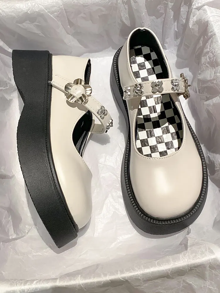 

Women's Shoes Leather Shoes 2022 Spring New Round Toe Thick Bottom Non-slip Fashion Metal Flowers Mary Jane
