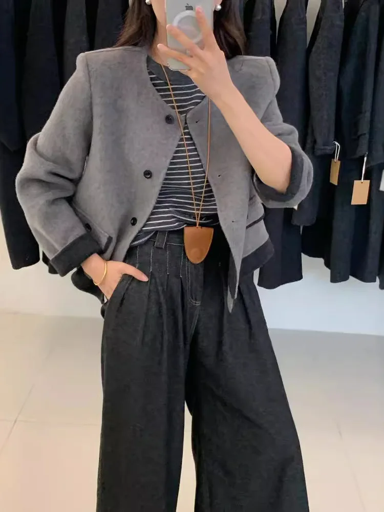 UCXQ Модная короткая куртка в европейском стиле с круглым вырезом и карманами