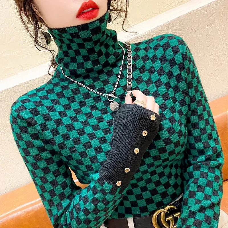 

High-neck Knitted Sweater Spring Autumn New Plaid Stitching Slim Fashion Commuter Bottoming Pullover Top Women Clothing Suéteres