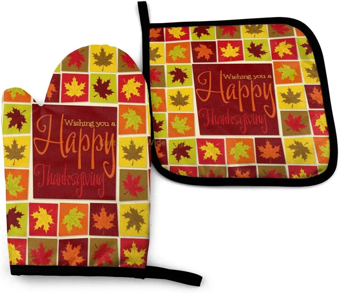 

Autumn Maple Leaf Oven Mitts and Pot Holders Sets Heat Resistant Kitchen Thanksgiving Oven Gloves for Safe BBQ Cooking