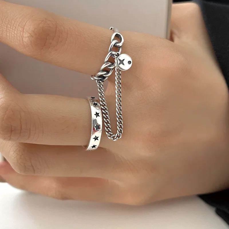 

FMILY Minimalist 925 Sterling Silver Personality Chain Tassel Ring Retro Temperament Star Hip-hop Jewelry for Girlfriend Gift