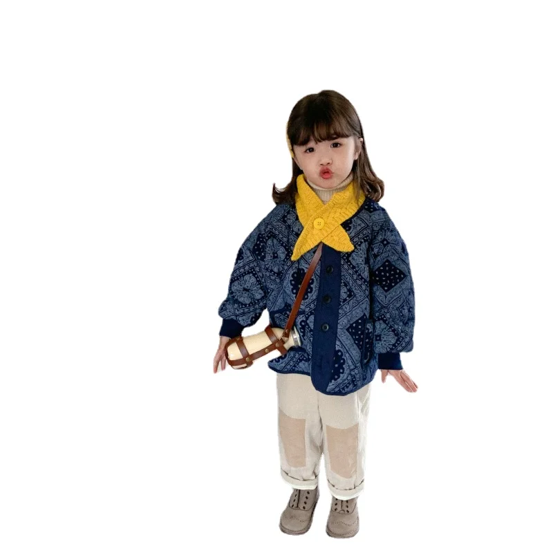 Children Coat 2021 Autumn New Long Sleeve Pattern Late Autumn Boys and Girls Retro Cotton Padded Clothes Kids Loose Cotton Tops