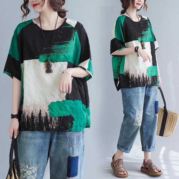 

2022 Summer New Women's Versatile Cotton Linen Loose Short Sleeved T-shirt Tie Dye