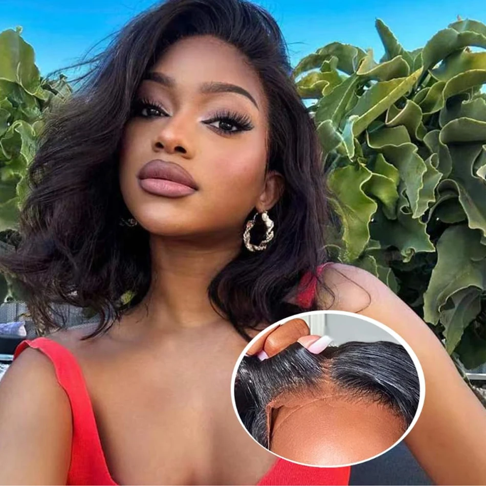 

Ready To Go Body Wave Bob Glueless Wig Brazilian Human Hair 4x4 Transparent Loose Body Closure Pre-Cut Hair For Women 180Density