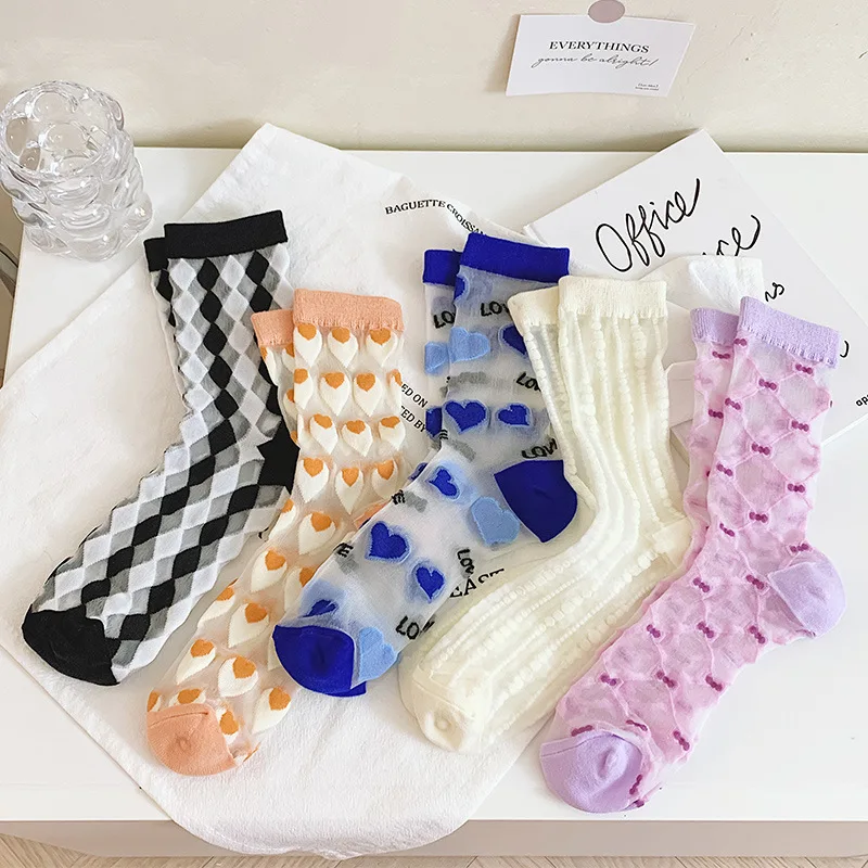 

Glass Fiber Kawaii Candy Color Woman Clothes Sweet Socks Women's Middle Tube Harajuku Japanese Crystal Stockings Fashion