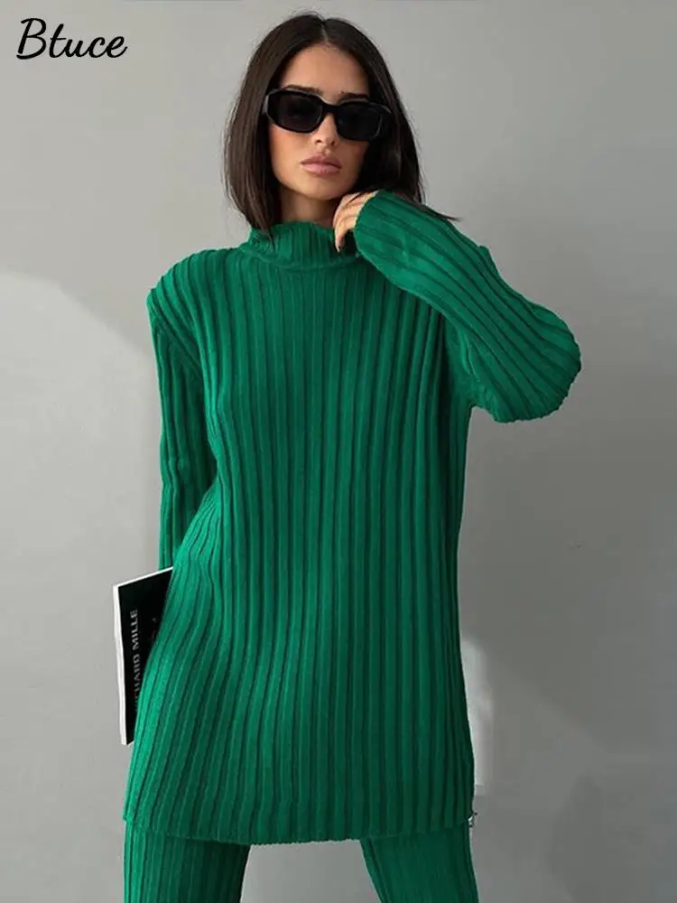 

Женский вязаный комплект из 2 предметов, однотонный Повседневный пуловер с высокой талией и длинные брюки, зимний Синий Свитер оверсайз, 2022