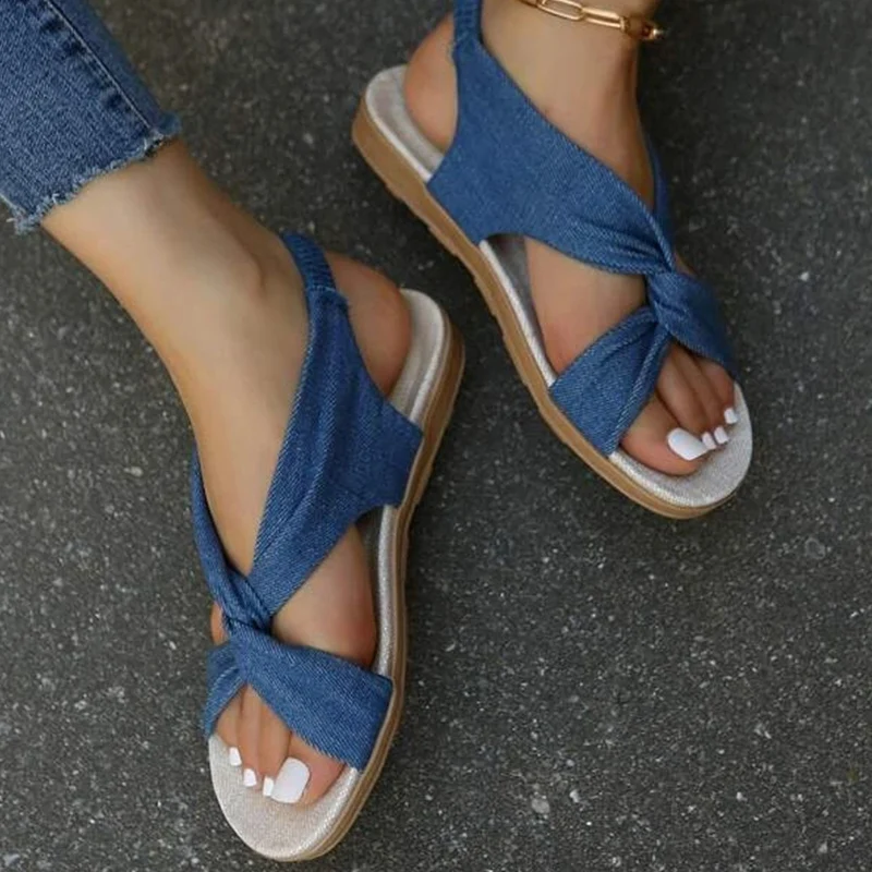 Fashion Blue Sandals Women Twist Decor Denim Slingback Sandals Women Slides Flat Heel Outdoor Beach Summer Woman Slippers