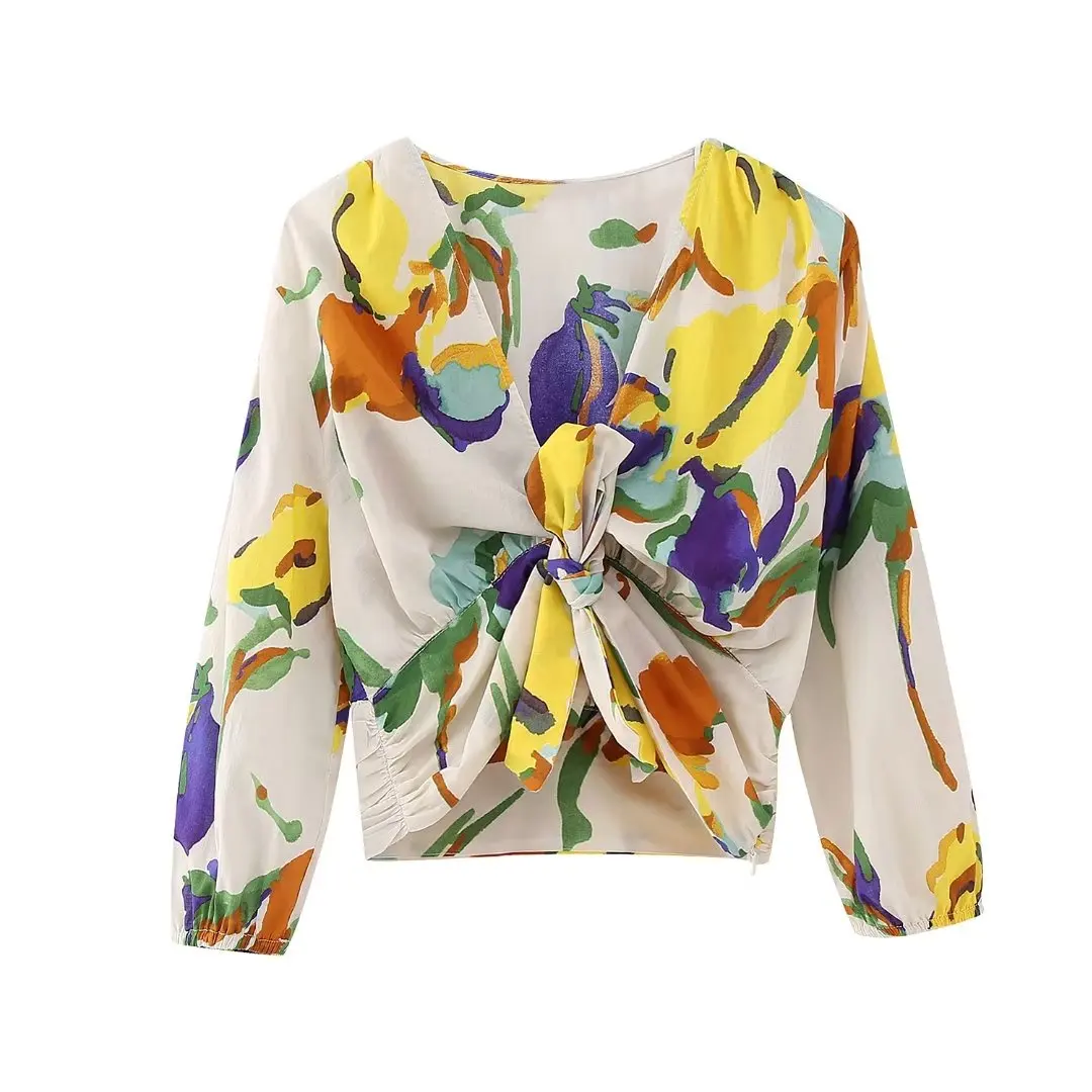 

Women 2023 New Fashion Summer Tropical Style Printed Knot Ornaments Blouses Vintage Long Sleeve Female Chic Tops