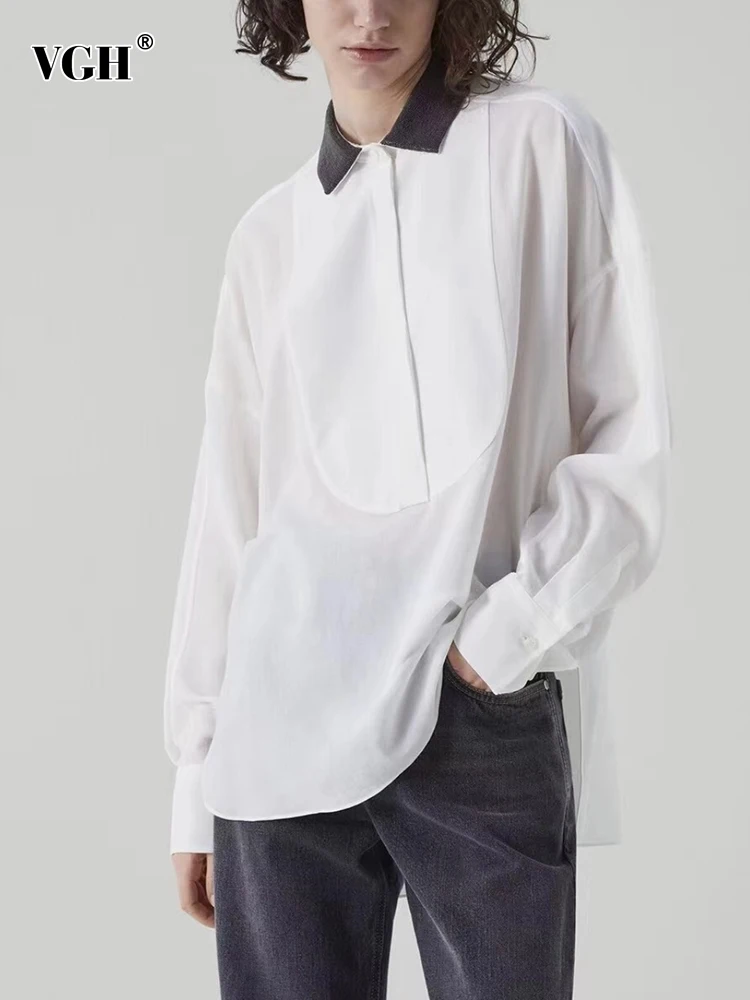 

VGH Sheer Casual Blouses For Women Laple Long Sleeve Patchwork Single Breasted Hit Color Loose Shirt Female Autumn Clothing New