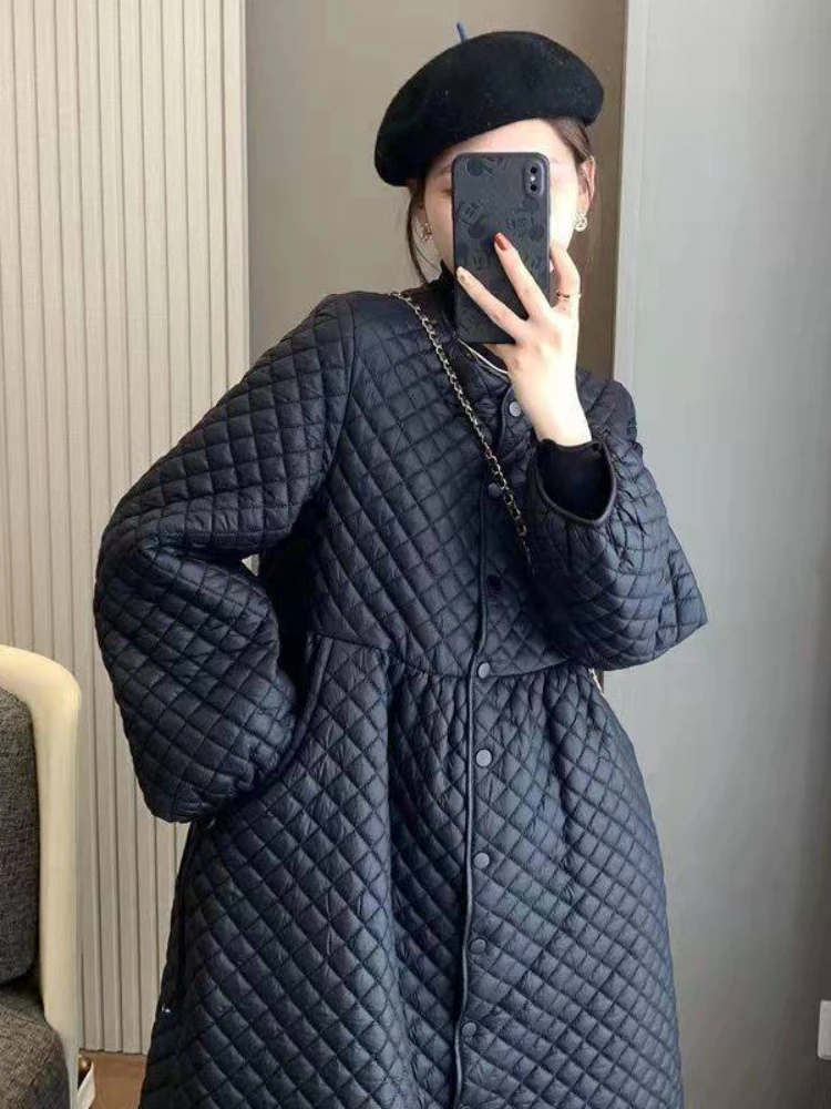 Women's Winter Jacket Jackets for Women 2023 Super Hot Long Coat Black Loose O-neck Warm Plaid Top Casual Quilted Coats Female