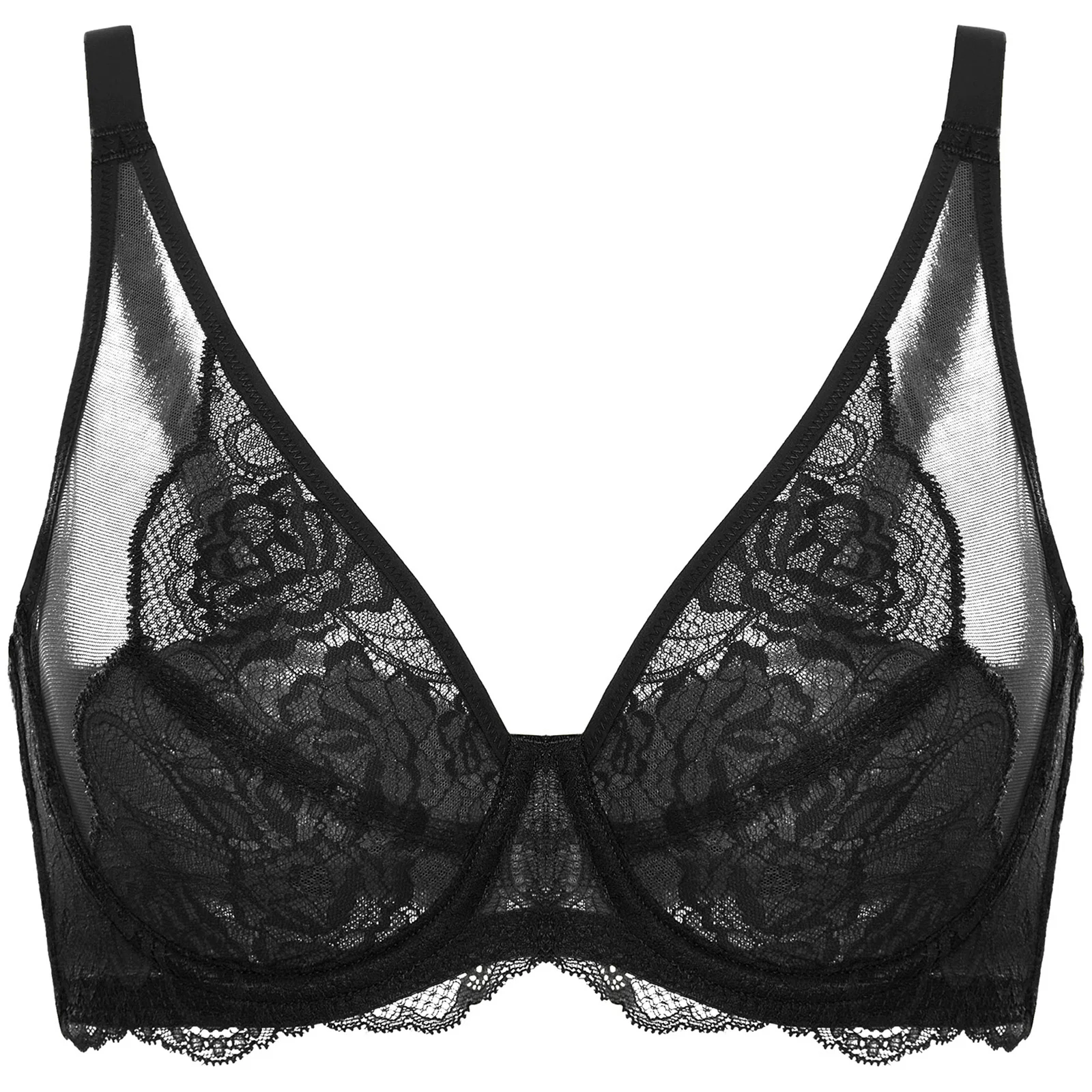 DOBREVA Women's Sexy Unlined Mesh Lace Bra Plus Size Minimizer Underwire Non Padded Full Coverage Transparent Bralette