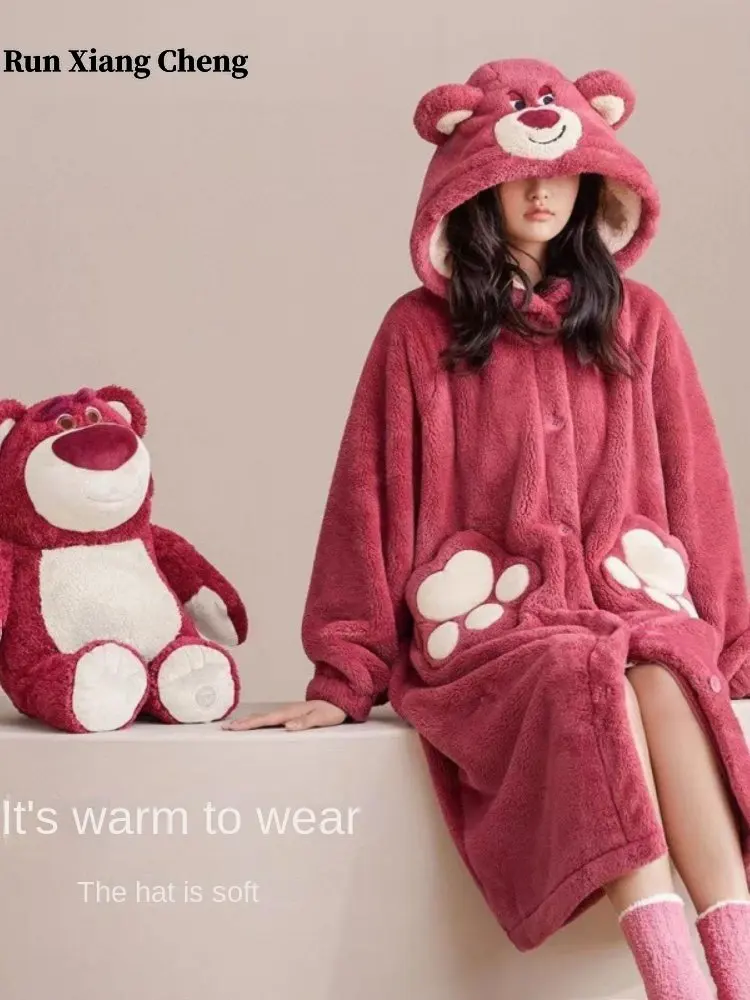 Women's Clothes Cartoon Hooded Robe 2022FallWinter New Free Shipping Coral Velvet Pajamas Thickened Plush Kawaii Dressing Gown