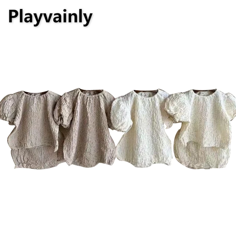 

Korean Summer Family Matching Clothes Baby Girl Khaki Beige Short Puff Sleeves Princess Sets+Bodysuit Child Clothing E5456