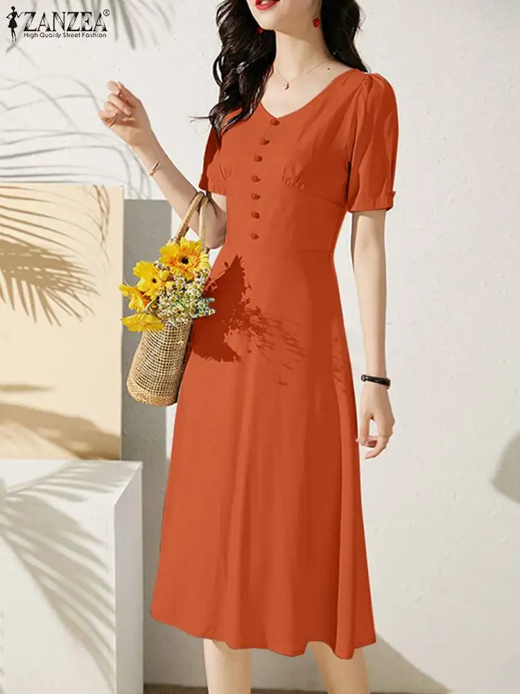 

ZANZEA Fashion Women Knee-length Vestidos Temperament Cinched Waist Elegant V-neck Party Dress Short Sleeve Solid Corset Dress