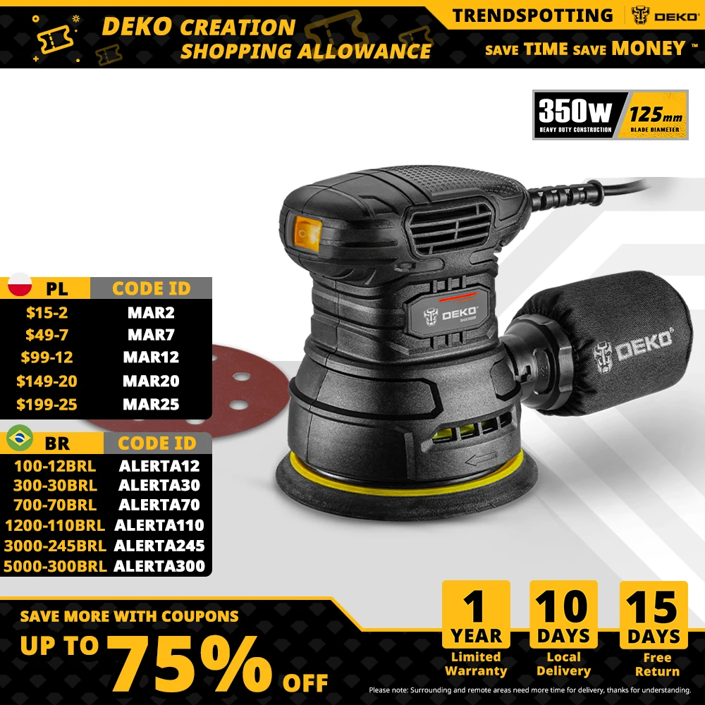 

DEKO 350W/450W Random Orbit Sander Machine with 125mm Sandpaper Dust Collection Polisher (DKSD125J1/DKSD150J2)