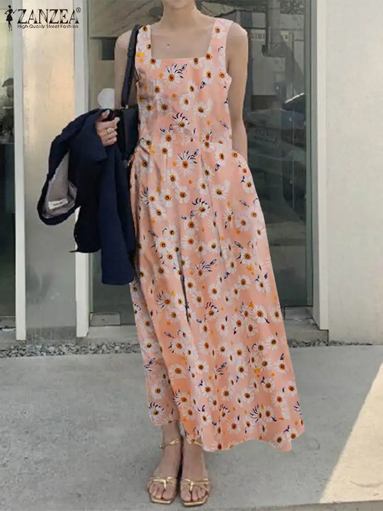 

Bohemian Sleeveless Square Neck Pleated Design Sundress ZANZEA Women Summer Print Dress Casual Loose Mujer Leisure Robe 2022