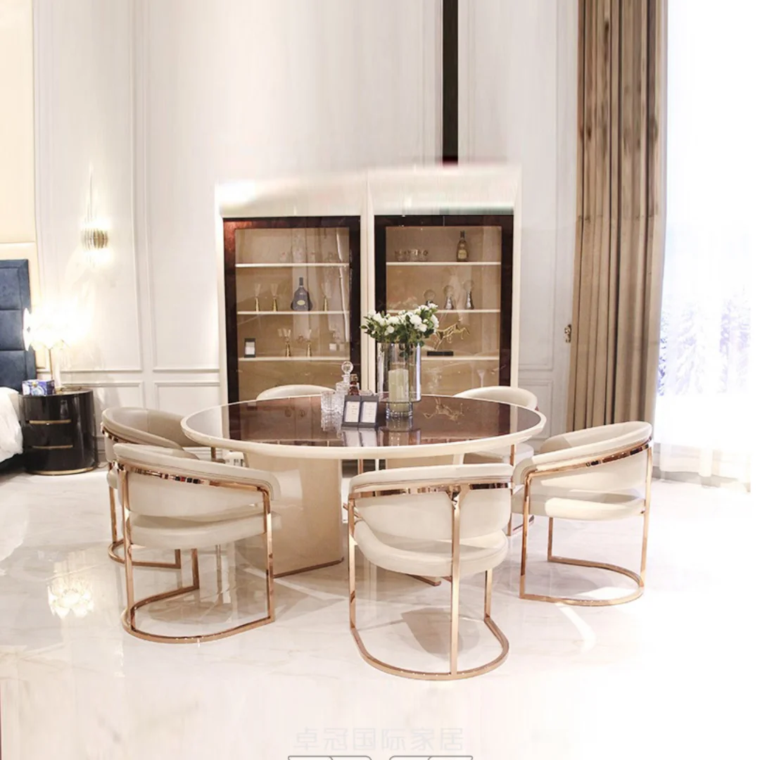 

Set Leather Round Table Home 6-Person Complete Dining Table Hong Kong-Style Light Luxury Leather Dining Table