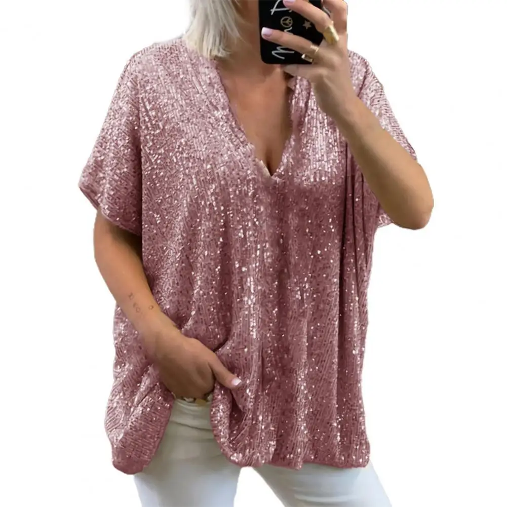 Women T-shirt Sequined V Neck Summer Solid Color Short Sleeve T ees Pullover Top for Daily Wear Casual T-Shirt Ropa de Mujer
