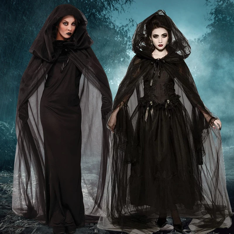 Halloween Witch Demon Vampire Uniform Set mantello nero con cappuccio da donna Party spaventoso Cosplay senza maniche abito lungo mantello con guanti