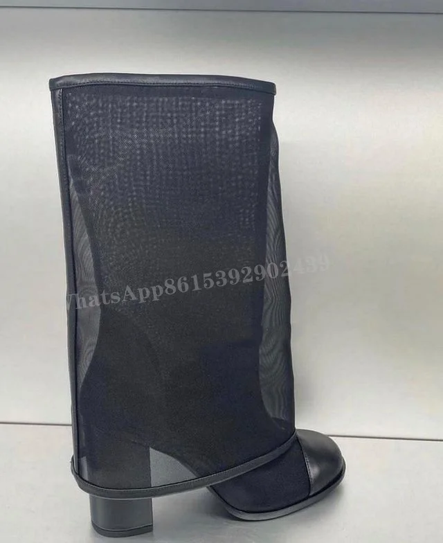 Women Hollow Mesh Flip Up Sleeve Boots Thick Heel Black Loose Knee Booties Round Mary Jane Elegant Shoes Slip On Sexy Casual