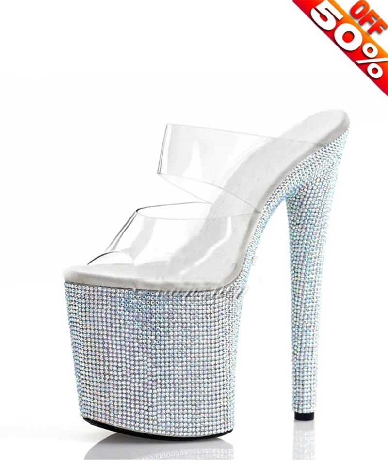 

8 Inches Stripper Heels Platform Slippers Pole Dance Shoes Nightclub Models Show Women Full Dress Party Rhinestone Peep Toe New