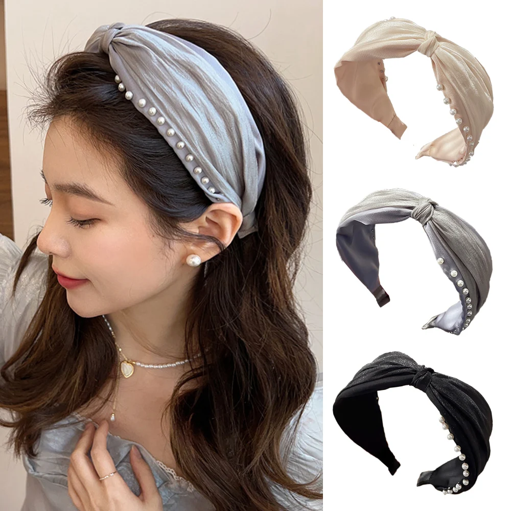 

New 2023 Fashion Girls Headband Handmade Shining Pearls Rhinestone Ornament Hairband Women Middle Knot Turban Hair Accessories